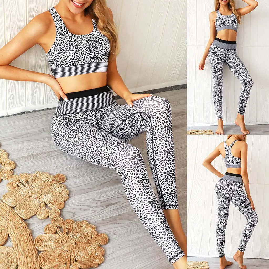 Women Leopard Patchwork Crop Top High Waist Pant Sport Yoga Two-Piece Outfit 1