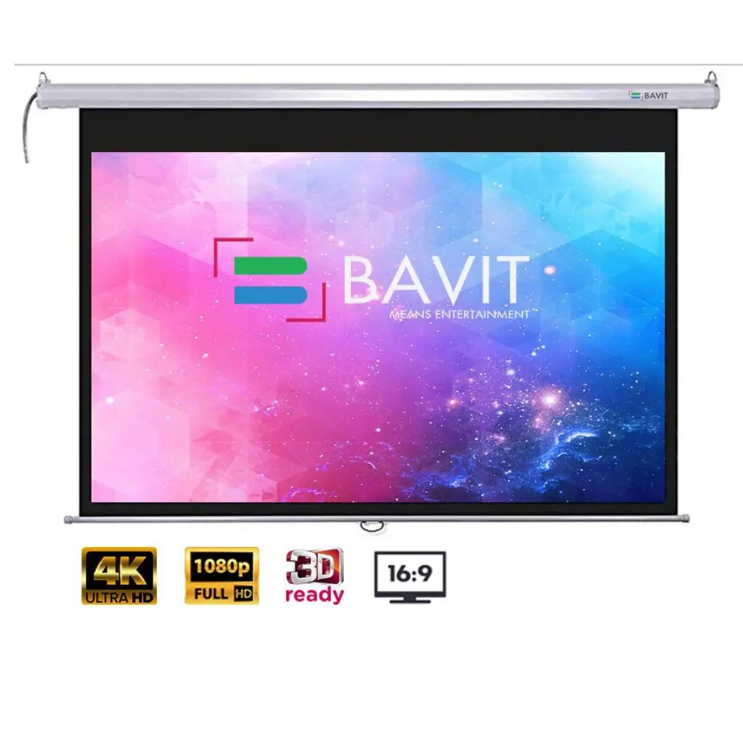 Bavit 16:9 Auto-Lock/Self-Lock/Insta-Lock Manual Pull Down Projection Screen - Matt White Fabric 4K/Full Hd & 3D Ready 1