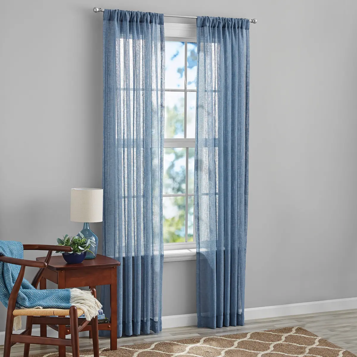 Mainstays Bel Air Polyester Sheer Rod Pocket Single Curtain Panel, Blue, 50"X84" 1