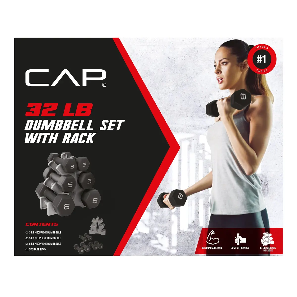 Barbell 32 Lb Neoprene Dumbbell Set With Rack, Black 1