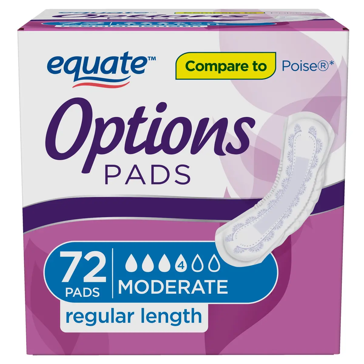 Equate Options Moderate Absorbency Regular Length Pads Value Pack, 72 Count 1