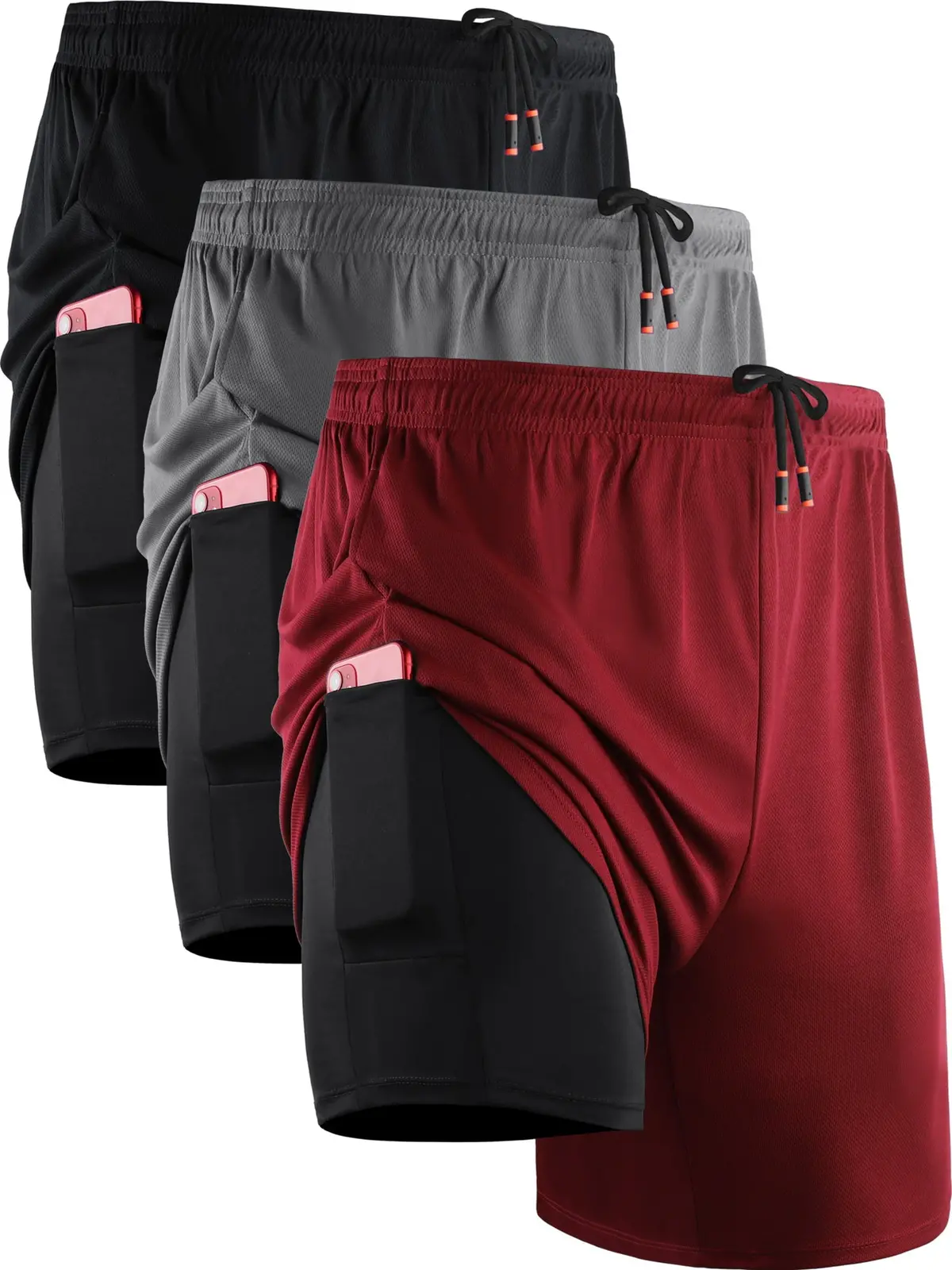 Mens 2 In 1 Dry Fit Workout Shorts W/ Liner & 3 Pa Ckpockets,Black+Gray+Red 5