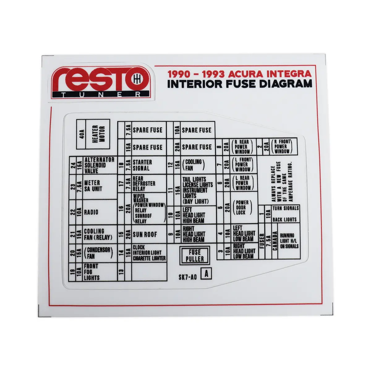 Restotuner Replacement Interior Fuse Box Decal For 90-93 Integra 1