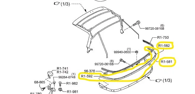 1990-1997 Mazda Miata Rain Rail 3 Peice Mount Retainer Kit 1
