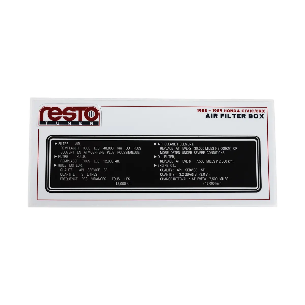 Restotuner 1988 - 1989 Honda Civic/Crx Air Filter Box Replacement Decal 1
