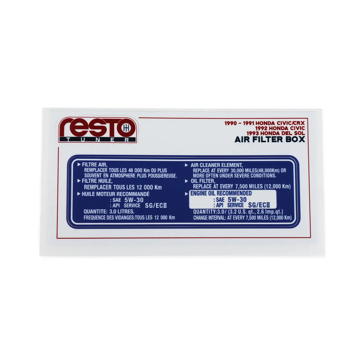 Restotuner 1990 - 1991 Honda Civic/Crx Air Filter Box Replacement Decal 1