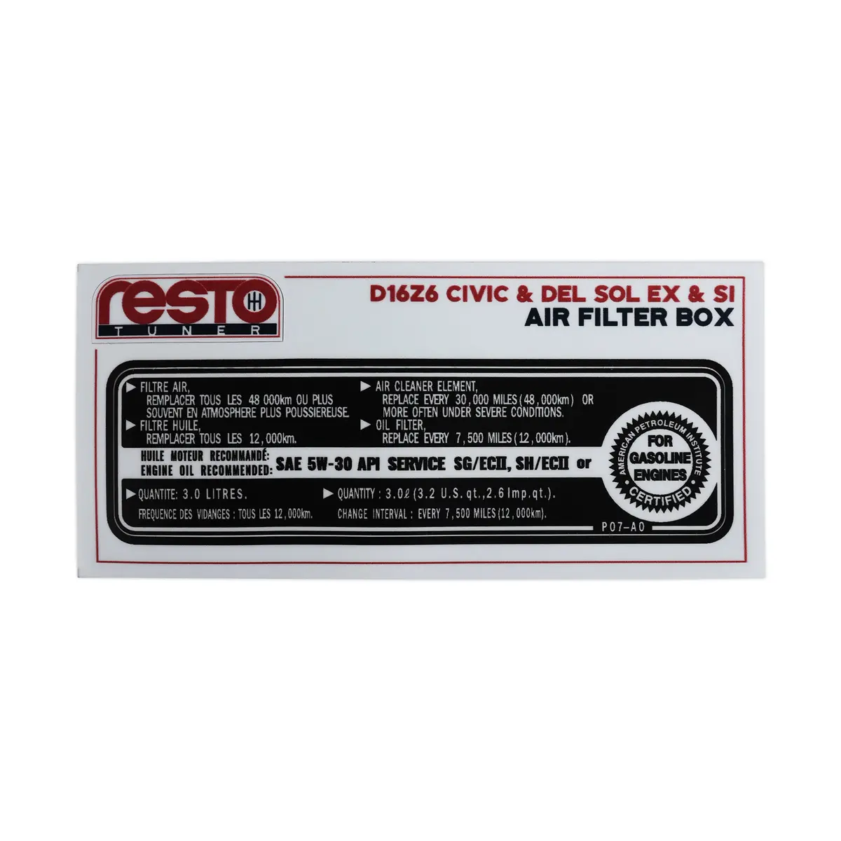 Restotuner 1992-1995 Civic/Del Sol Ex & Si Air Filter Box Replacement Decal 1