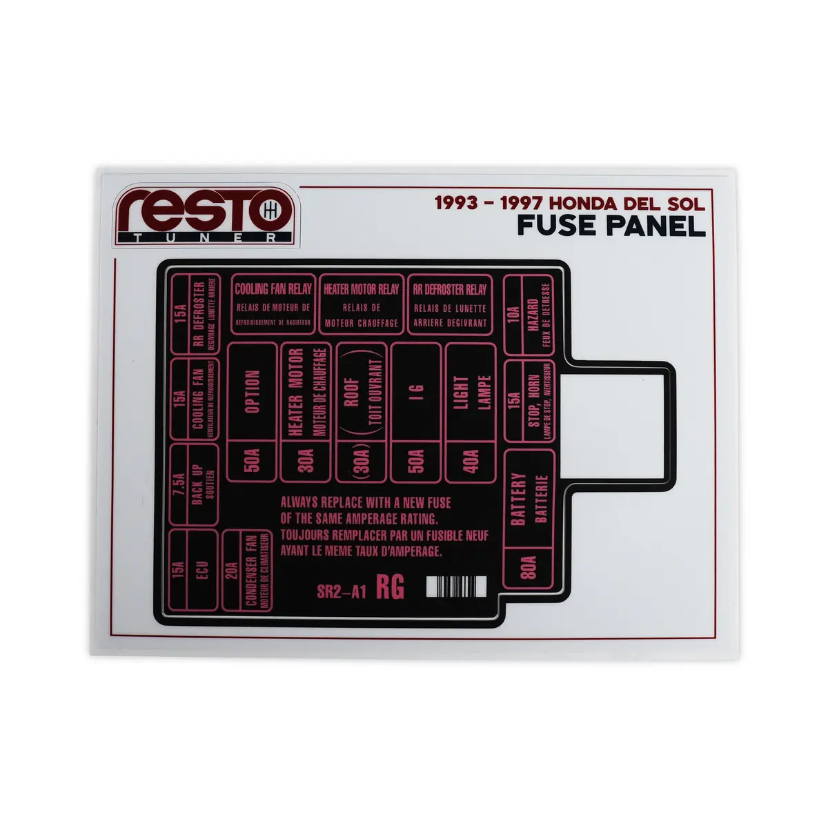 Restotuner 1993-1997 Honda Del Sol Engine Fuse Replacement Decal 1