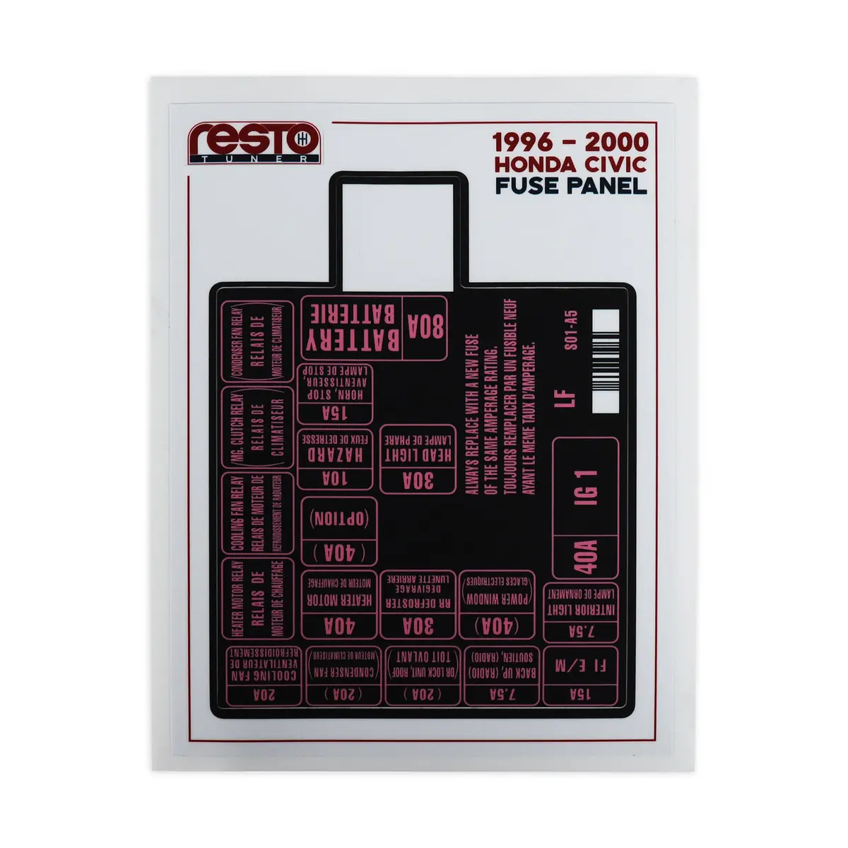 Restotuner 1996-2000 Civic Engine Fuse Replacement Decal 1