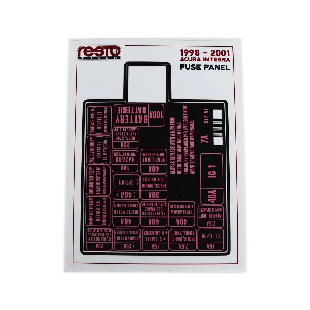 Restotuner 1998-2001 Integra Engine Fuse Replacement Decal 1