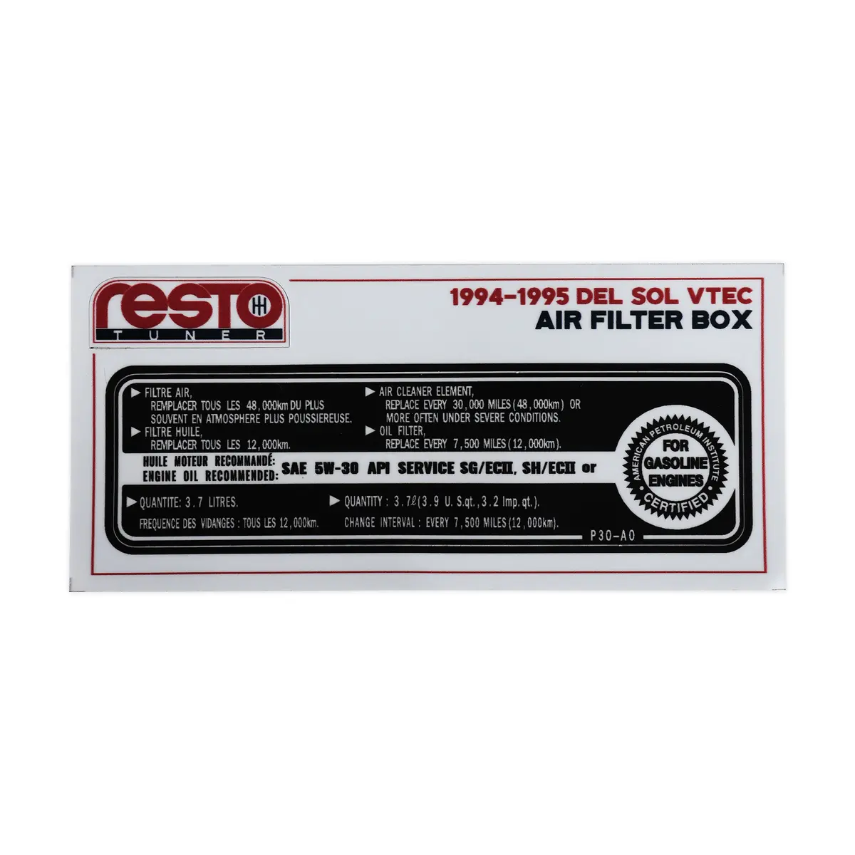 Restotuner 94-95 Del Sol Vtec (B16) Air Filter Box Replacement Decal 1