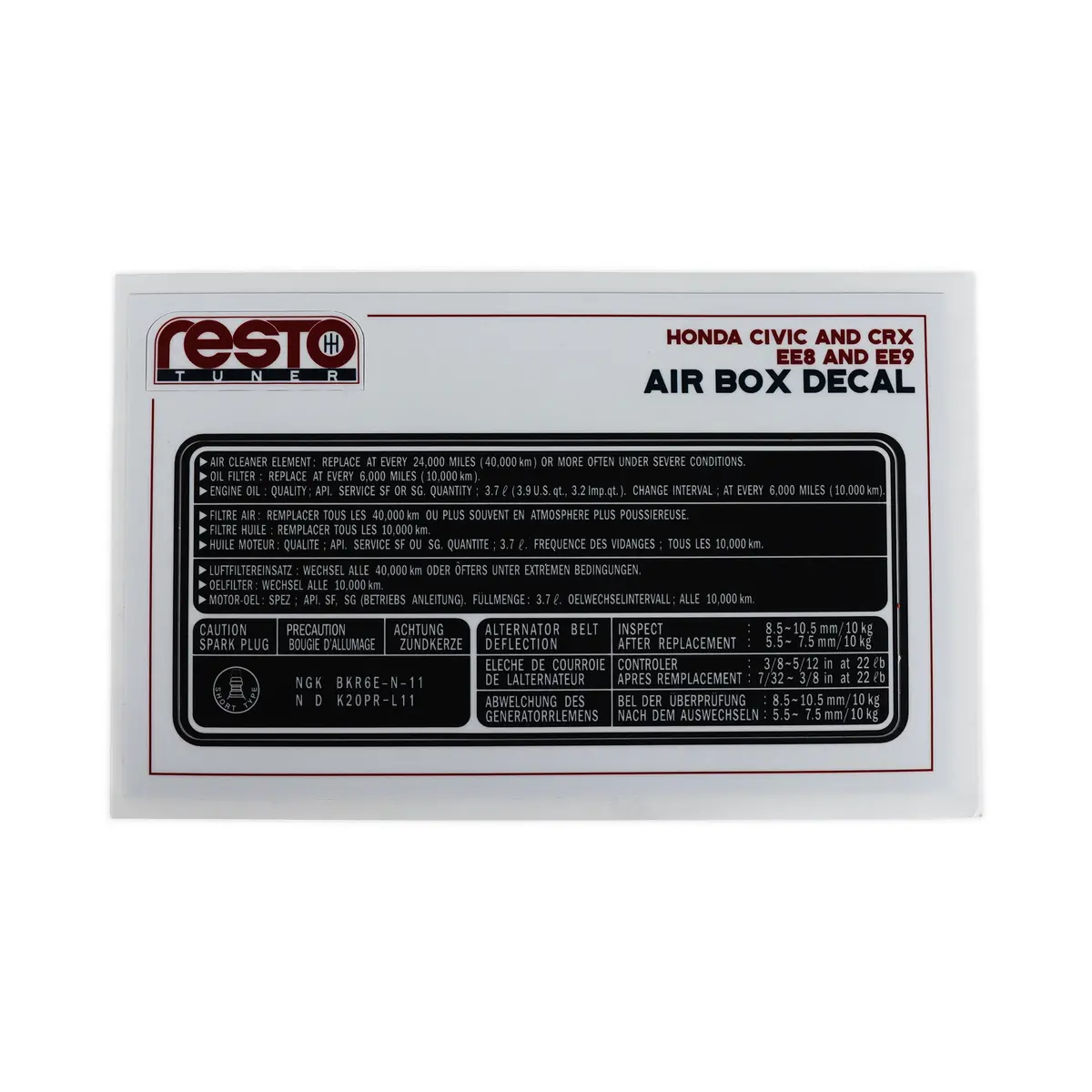 Restotuner Civic/Crx Ee8 & Ee9 Air Filter Box Replacement Decal (Factory B16) 1