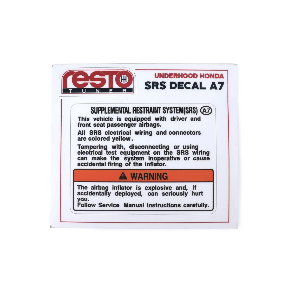 Restotuner Honda Srs Underhood Decal A7 (Driver And Passenger Side Airbag) 1