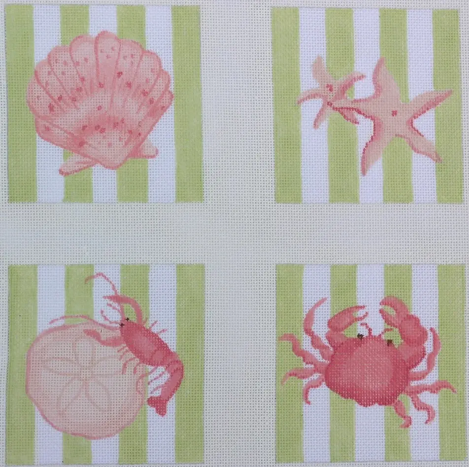 Co4-03 Shells And Crustaceans On Cabana Stripes Coasters 1