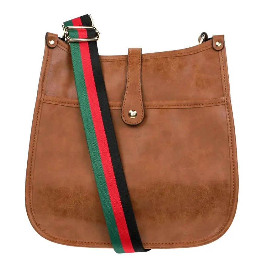 Weathered Brown Crossbody Bag With Red And Green Strap 1