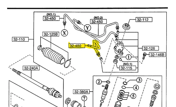 1996-1997 Mazda Miata Power Steering Return Cooling Line At Steering Rack 1