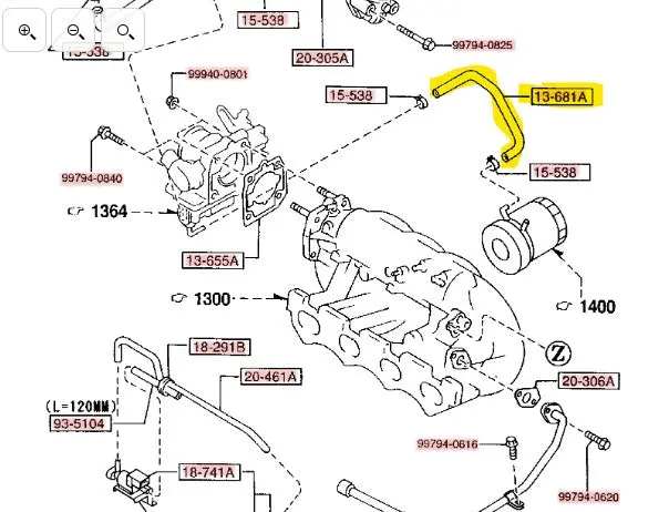 1994-1997 Mazda Miata Throttle Body To Oil Cooler Hose 1