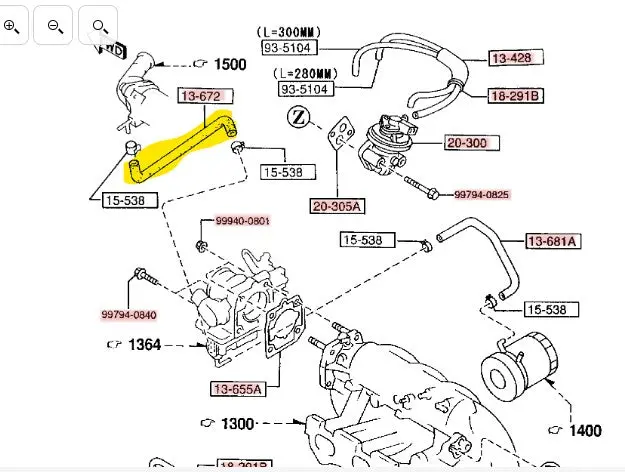 1994-1997 Mazda Miata Throttle Body To Water Neck Hose 1