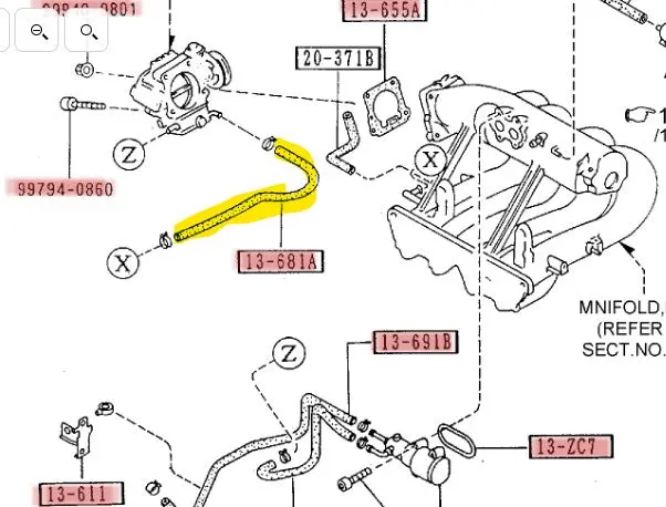 1990-1993 Mazda Miata Throttle Body To Water Neck Hose 1