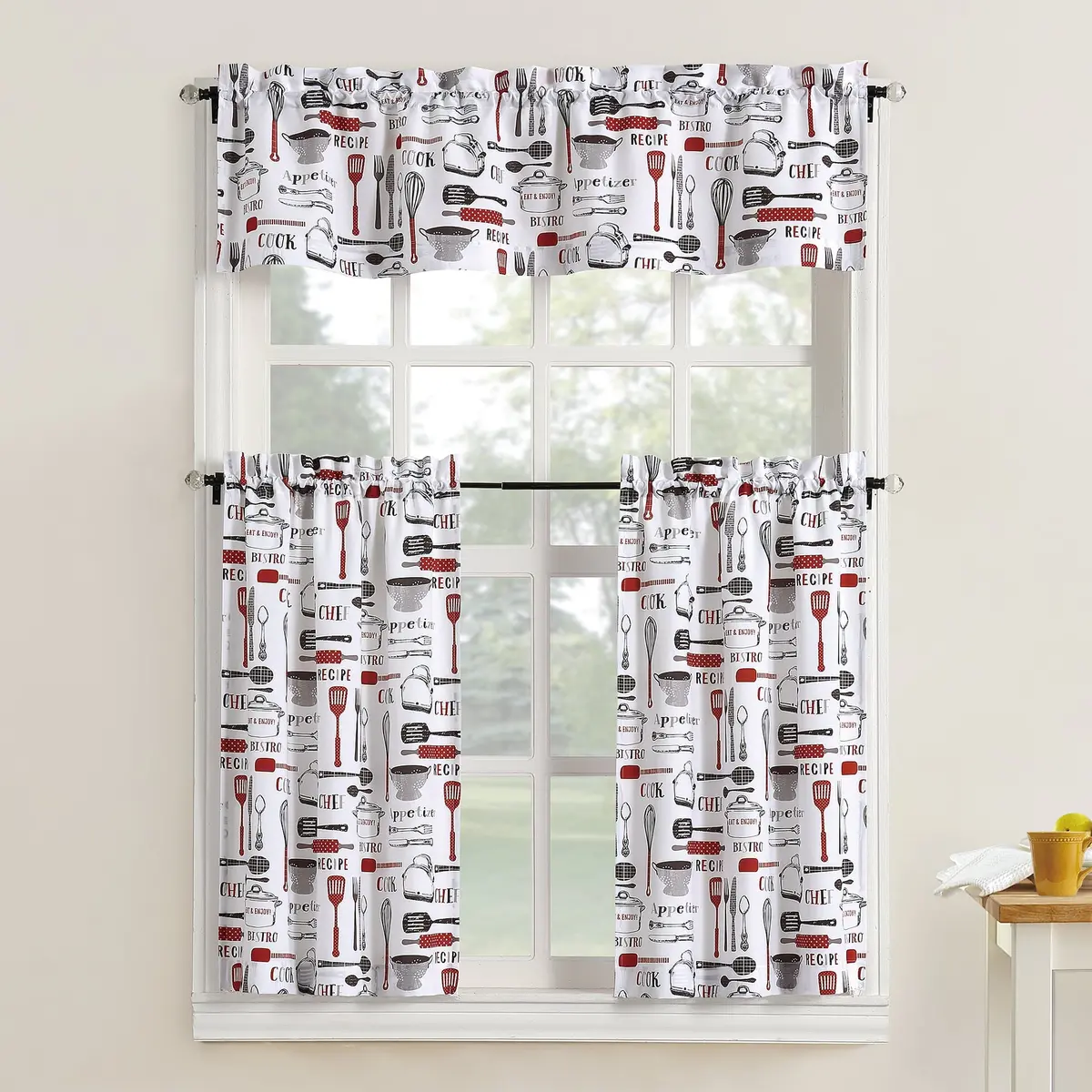 Mainstays Bistro 3 Piece Kitchen Curtain Tier And Valance Set In Red 1